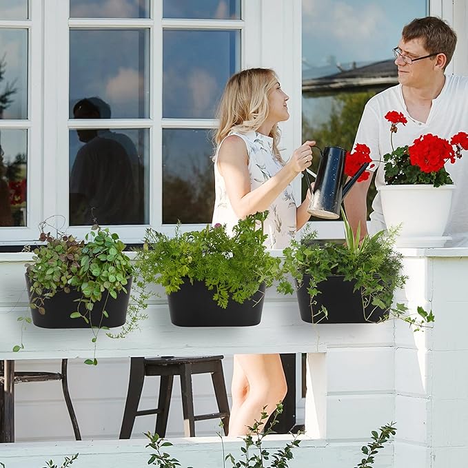 KIBAGA Beautiful Hanging Flower Pots for Outside Railing Or Fence - Stylish Set of 3 Outdoor Planters for Any Balcony, Porch or Deck - Window Planter Boxes are Perfect for Your Flowers