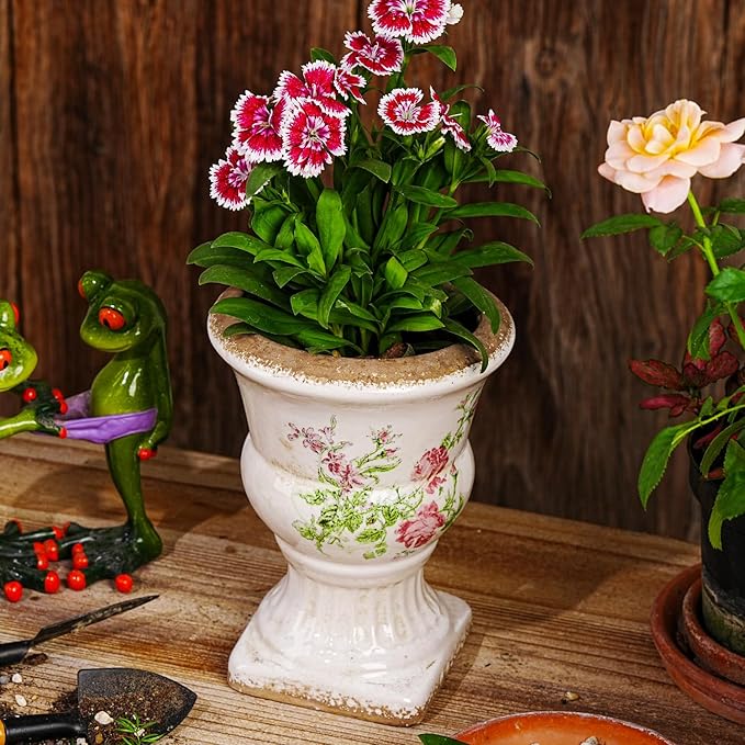 Sungmor Small Ceramic Urn Planter - Pink Scroll Floral Pedestal Flower Pot, Decorative Vintage Chinoiserie Style Planters, Tuscan Accent Vase Indoor Outdoor Plant Holder with Drainage