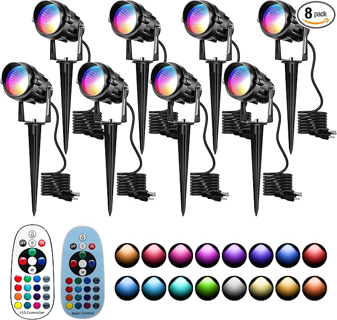 Halloween Christmas Outdoor Spotlights,12W RGBW Colors Changing Landscape Spotlight with Remote Control, IP65 Waterproof 110V Plug in LED Spotlight Outdoor with US Plug for Yard Garden House (8Pack)
