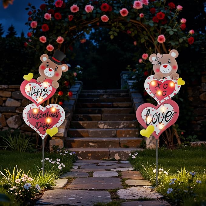 Lewondr 2 Pcs Valentine's Day Decorations Outdoor, Metal Solar Pathway Lights, Love Bear Decorative Garden Stakes Lights with 12 LED Beads, Waterproof Yard Signs for Porch Lawn Wedding Anniversary