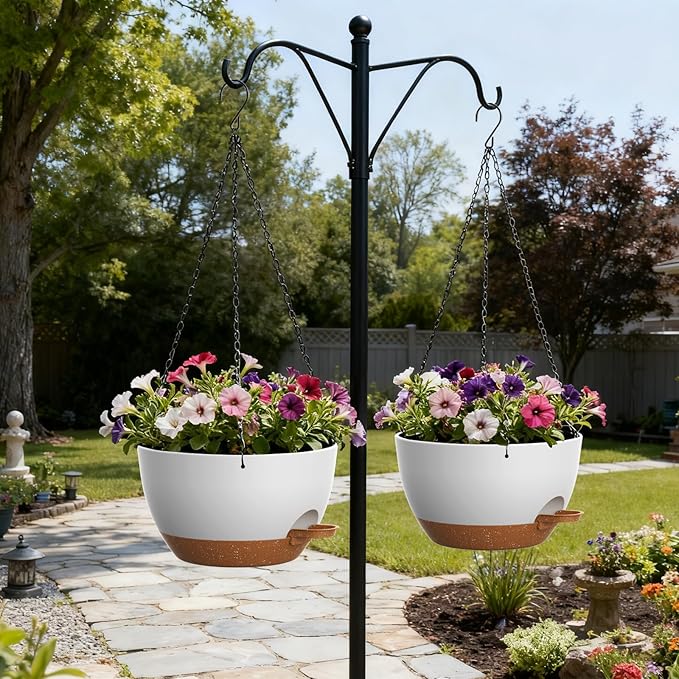13 Inch 2 Pack Large Self Watering Hanging Planters for Indoor Outdoor Plants, Hanging Plant Pots with Removable 50 Oz Reservoir, Plastic Hanging Basket for Window Porch Garden, White with Brown