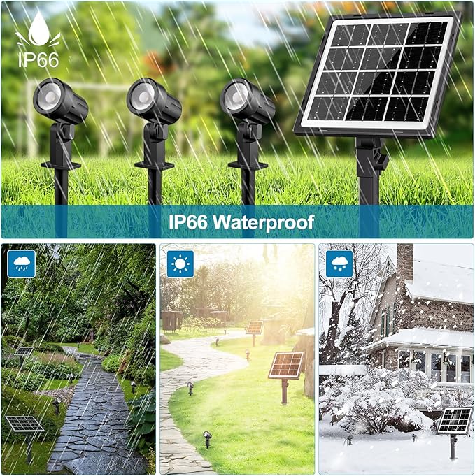 MEIHUA Solar Spot Lights Outdoor, 3 in 1 Landscape Spotlights 2700K Warm White, 3 Lighting Modes & 3 Brightness, IP66 Waterproof Solar Lights Outdoor Garden for Pathway Driveway Yard Tree