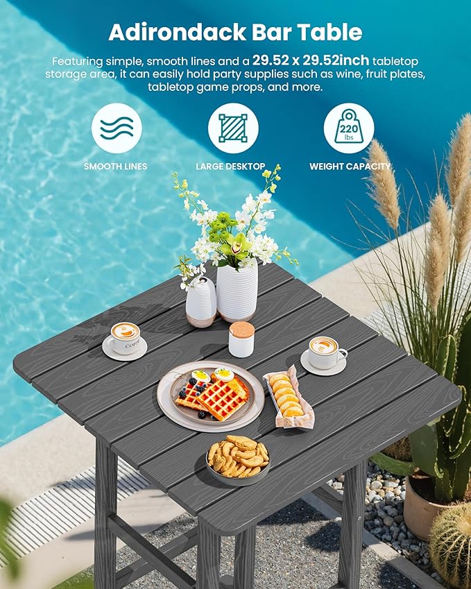 SERWALL 5 Pieces Outdoor Patio Bar Set, Tall Adirondack Bar Chair and Table Set, Gray