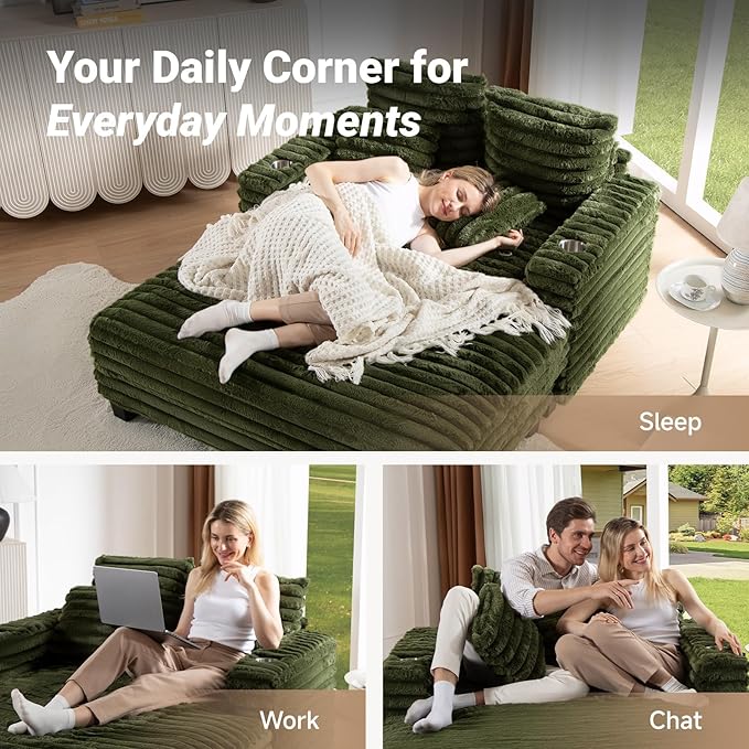 64" Chaise Lounge Chair Indoor, Oversized Sleeper Chair with Wood Frame, Upholstered Sofa Bed for Living Room, Movie Room, Bedroom with 4 Storage Pockets&2 Cup Holders(Plush Corduroy, Green)