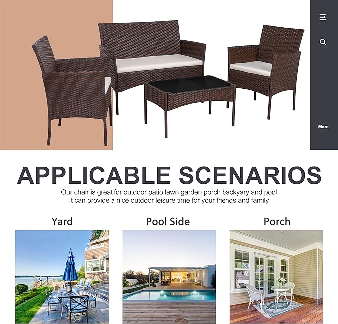 Shintenchi 4 Piece Outdoor Patio Furniture Set, Wicker Rattan Patio Conversation Set, Outdoor Chairs and Loveseat with Coffee Table for Porch, Yard & Poolside (Brown)