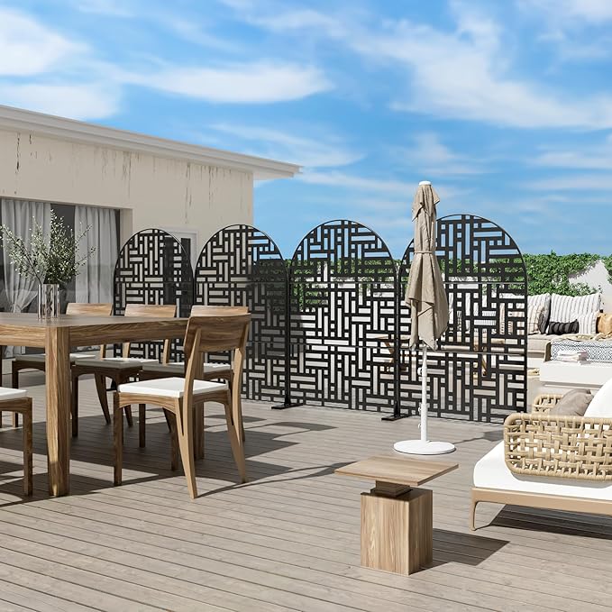 Casaphoria 72" H x 47" W Arched Metal Privacy Screen - Elegant Freestanding Outdoor Screen for Deck, Patio & Balcony - Versatile Decorative Privacy Panels for Home & Garden Use (Black-Helen)