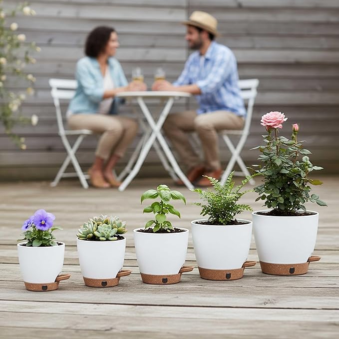 montresor 5-Pack Self-Watering Planters with Wick & Reservoir (5/5.5/6/6.5/7 Inch) – Plastic Indoor Pots with Drainage, White Flower Pot for Violet, Herb
