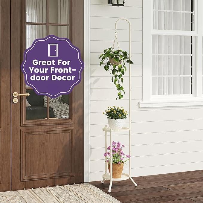 2-Tier Metal Plant Stand with Hanging Hook, Indoor Outdoor Plant Shelf,Heavy Duty Plant holder Rustproof Iron Multiple Plant Round Supports Rack for Planter Corner Garden Balcony Patio (Cream)