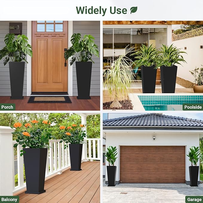 Tall Planters 28" H - 2 Pack, Tapered Pots with Drainage Insert Shelve & Trays, Metal Outdoor Planter Box for Porch, Garden, Patio, Yard (Black)