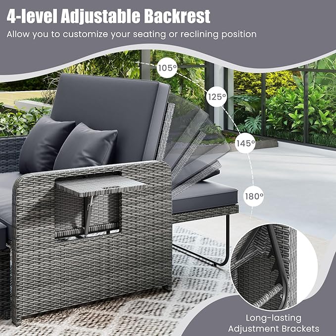 Tangkula Patio Rattan Daybed with 4-Level Adjustable Backrest, Outdoor PE Wicker Loveseat with Storage Ottoman & Folding Side Table, Double Sunbed for Balcony, Backyard & Poolside, Grey
