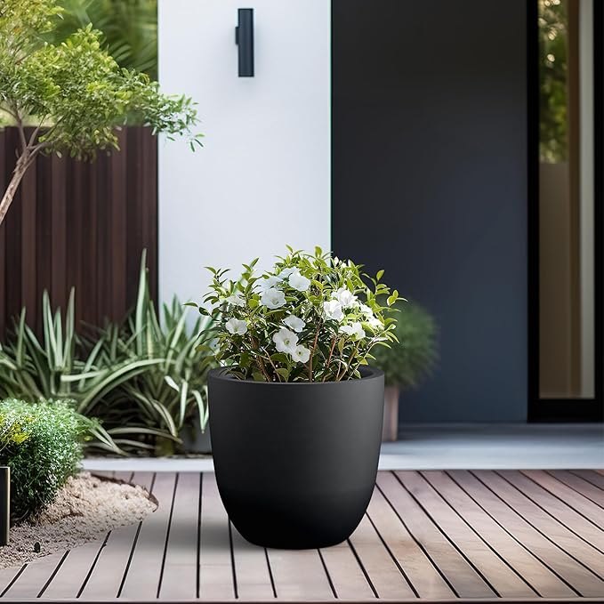 Kante 18 Inch Dia Round Concrete Planter, Indoor Outdoor Large Plant Pot with Drainage Hole and Rubber Plug for Home Patio Garden, Black