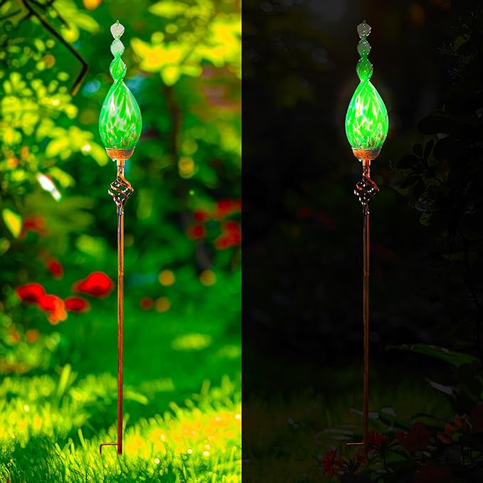 Solar Garden Lights Outdoor, Decorative LED Flame Garden Stakes, Hand Blown Glass and Outdoor Waterproof Glass Stakes (Green)