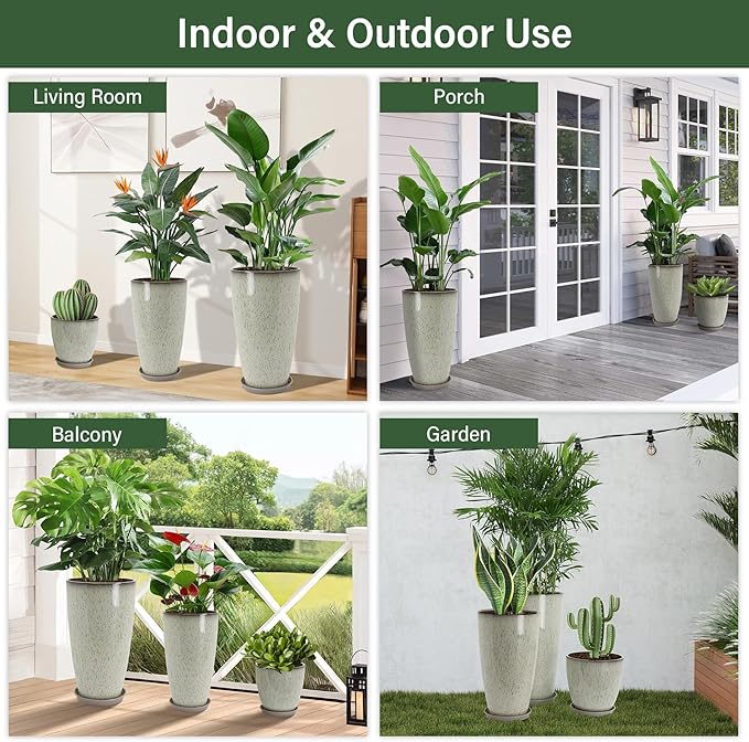 24/21/12 Inch Large Plastic Planter, Lightweight Ceramic-Look Tall Planters with Drain Hole & Saucers, Tall Plastic Planters for Porch, Garden, Patio, Balcony(Glaze Beige)