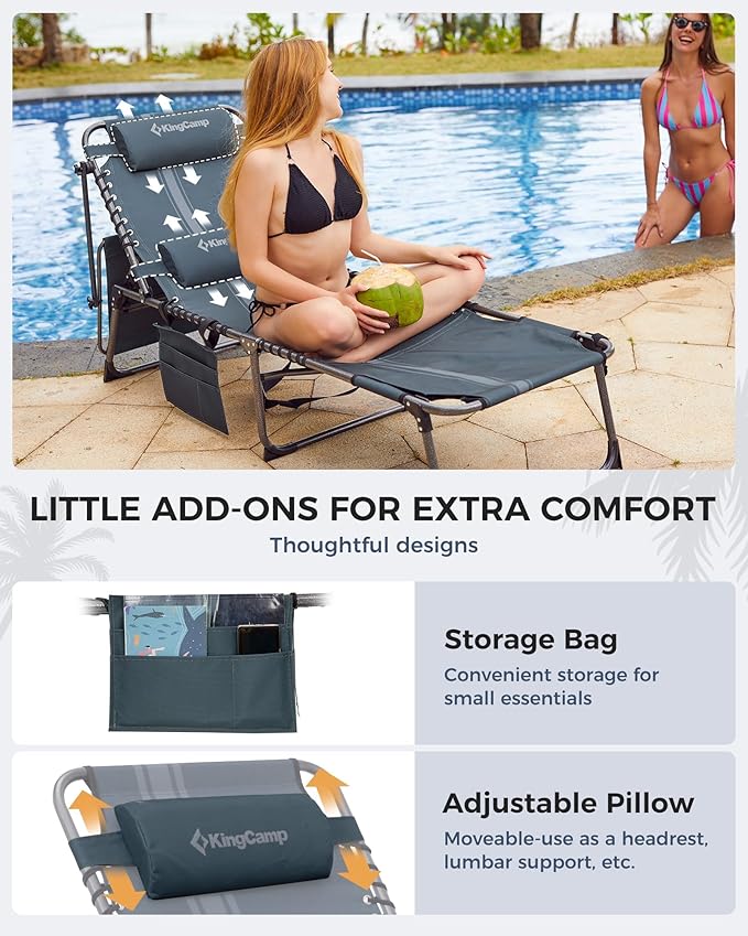 KingCamp Tanning Chair with Face Hole, Lounge Chairs Outdoor Folding Comfy Adjustable 5-Position Foldable Chaise Chaser with Canopy Shade for Outside Beach Patio, Blue/Grey
