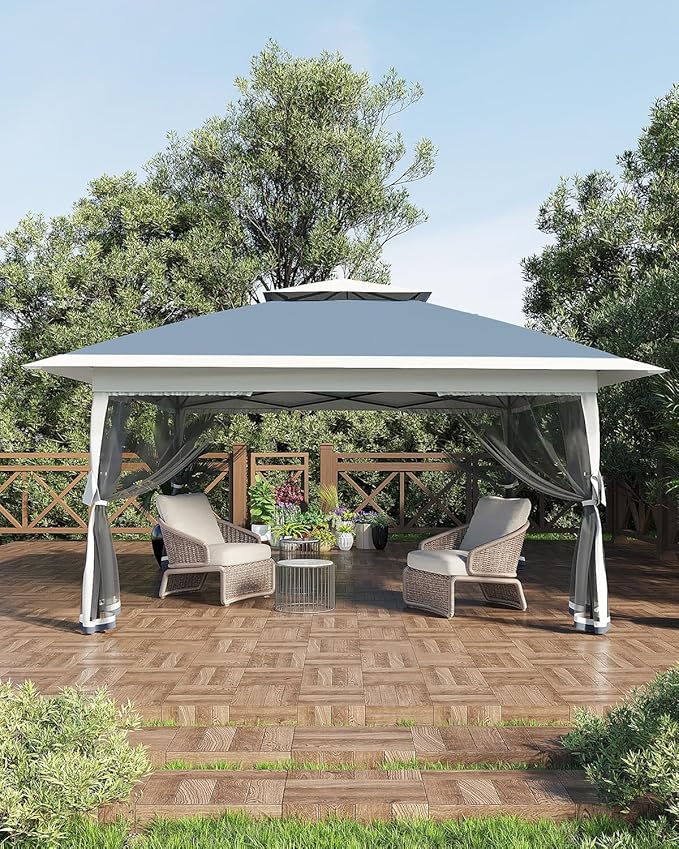 Canopy Tent 12x12 ft, Pop Up Gazebo One-Push Setup with 4 SandBags for Backyard Parties and BBQs, Mosquito Netting & Height Adjustable - Navy Blue