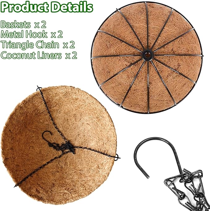 Hanging Baskets Planter for Plants - 2 Pack 12 Inch Metal Baskets with Coco Coir Liner, Hanging Flower Pots for Outside with Chain, Indoor Outdoor Garden Porch Decoration (12'' Pack of 2)