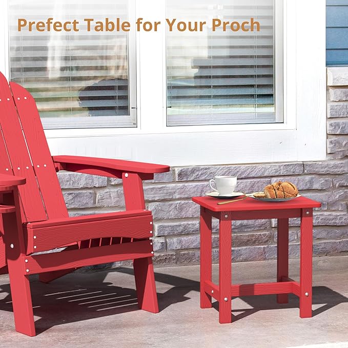 LUE BONA Outdoor Side Table, HDPS Small Outdoor Adirondack Side Tables, Outside End Table for Patio, Porch, Deck, Pool, Weather Resistant/Easy Maintenance, Bright Red
