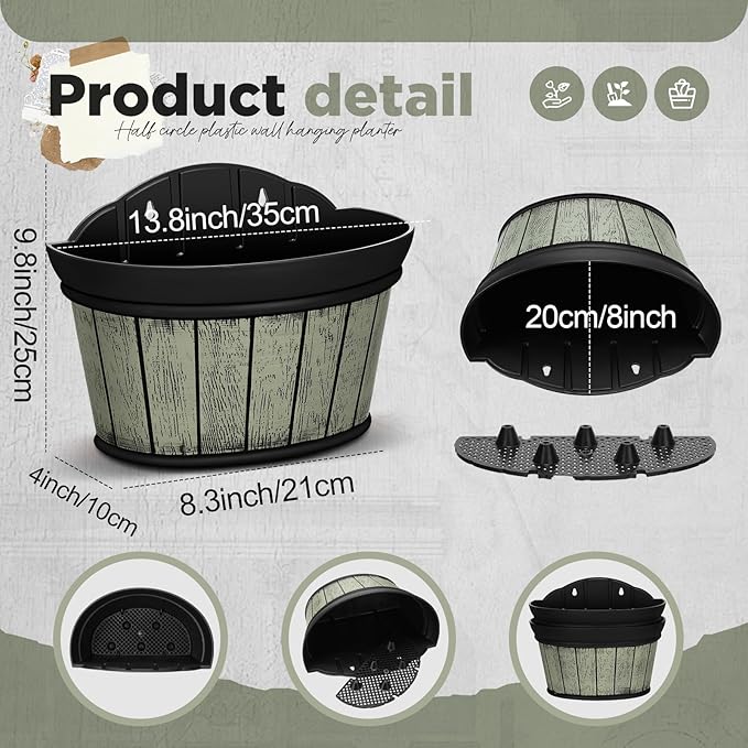 Layhit 6 Pcs Wall Hanging Planters Outdoor Pot Planter Wine Barrel Planter Distressed Oak Thickened Plastic Water Storage Flower Pots for Flower Indoor Outdoor(13.78 Inches,Grey Green)