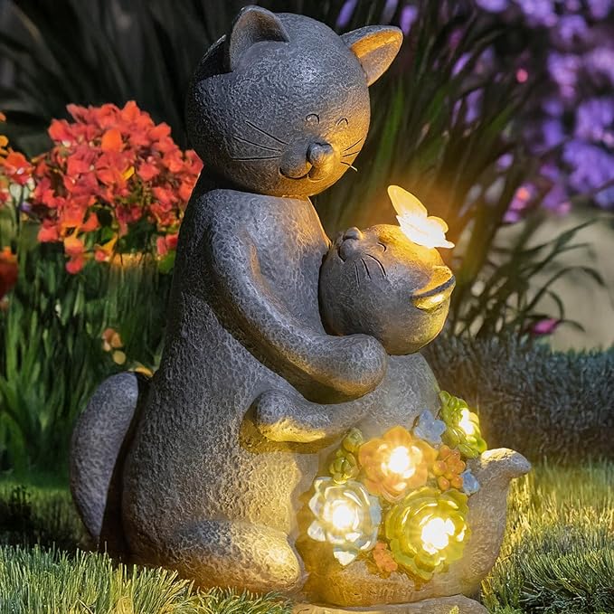 Solar Garden Statues Loving Cat Figurine Lights for Outside, Yard Decorations Outdoor, Garden Decor Unique Mothers Day Birthday Housewarming Gifts for Mom, Women, Lover