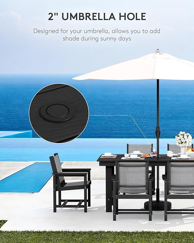 SERWALL Patio Dining Sets for 6, Outdoor HDPE Dining Set with Umbrella Hole Cut-Out Table and 6 Woven Chairs, Black