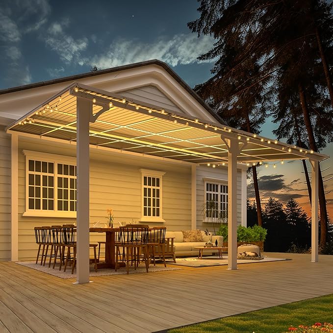 AECOJOY 16' x 12' Gazebo Outdoor Pergola for Patio, White Large Wall-Mounted Hard Top 12x16 Lean to Metal Gazebo Shelter Pergolas and Gazebos Clearance with Patio Roof, Heavy Duty Awnings for Backyard