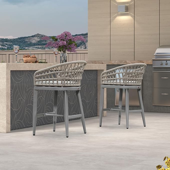PURPLE LEAF Outdoor Rattan 24" Counter Height Bar Stools Chair Set of 2, Modern Patio Wicker Barstool with Backrest for Indoor and Outdoor, Kitchen Island, Light Grey