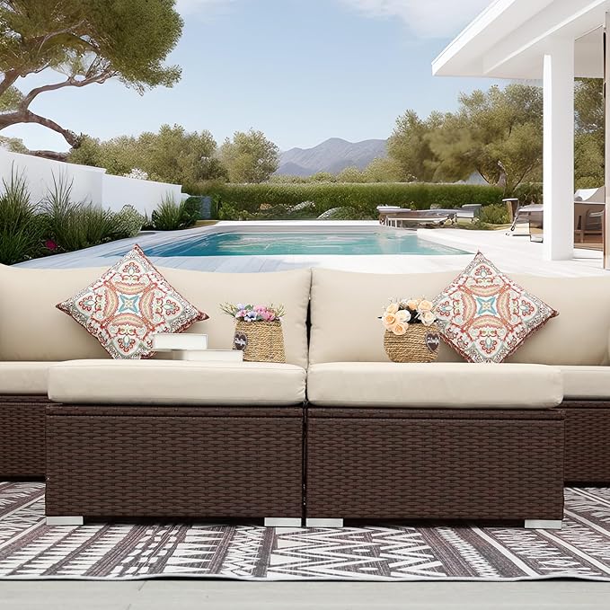 NICESOUL 8 Seat 29.3'' High Back Outdoor Furniture Set, Extra Large Rattan Patio Conversation Sets, Deep Seating Modular Sectional with Ottoman, Oversized Conversations for Backyard, Brown and Beige