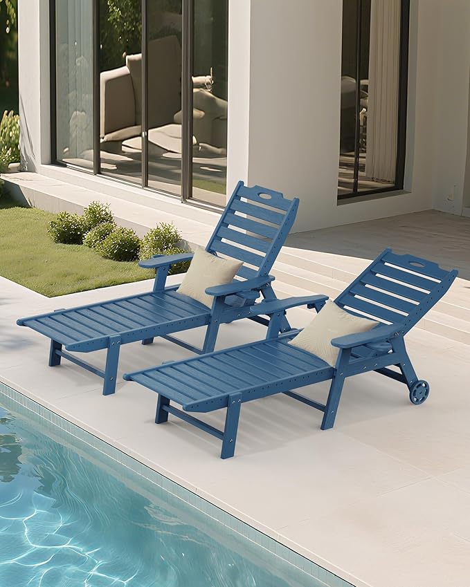 Carauci Lounge Chair Outdoor, HDPE Chaise Lounge with Wheels, 5-Position Adjustable Backrest & 2 Cup Holders Patio Lounge Chair, All-Weather Pool Sun Lounger for Poolside, Backyard, Blue