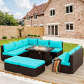 NICESOUL10 Piece Outdoor Couch Furniture Set with Fire Pit Natural Gas/Propane, 29.3'' High Back Luxury Comfortable Conversations, Deep Wide Seating Sofa Sectional, Brown and Turquoise