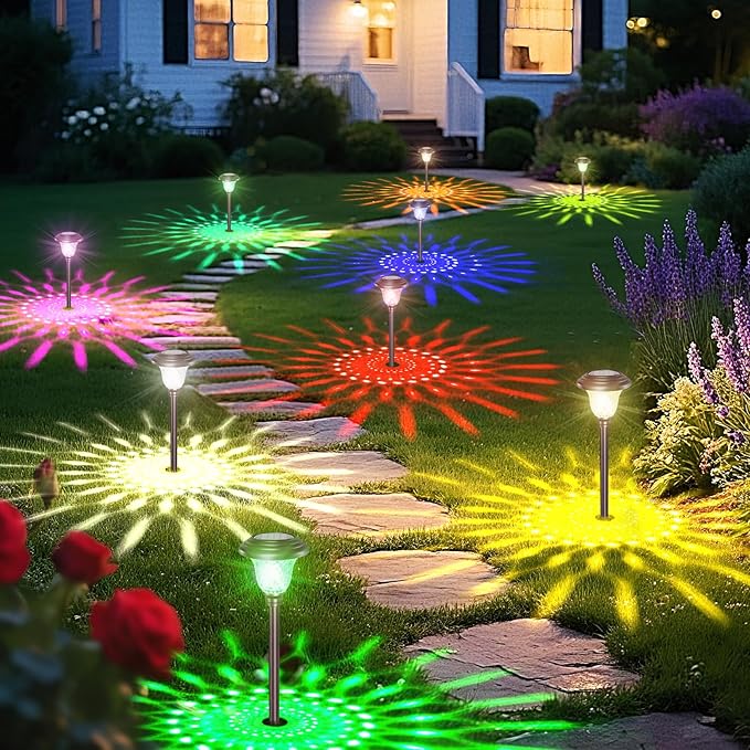 BEAU JARDIN 8 Pack Solar Pathway Lights White+Color Changing Stainless Steel 3 Mode Outdoor Multicolor Metal Solar Powered Waterproof Glass for Garden Landscape Path Yard Walkway Driveway Bronze