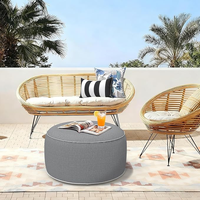 LVTXIII Inflatable Stool Ottoman Footrest with Handle, All Weather Footrest Seat, Indoor or Outdoor Pouf for Home Patio Garden and Camping Use, D31 xH14, Large Round, Grey Texture