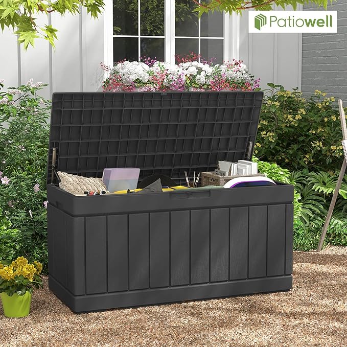 Patiowell 82 Gallon Resin Deck Box, Waterproof Large Wood Look Storage Box for Patio Furniture, Pool Accessories, Garden Tools and Sports Equipment, Lockable, Black