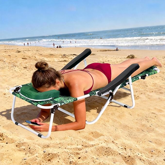 ABORON Tanning Chair with Face Hole, 5-Position Adjustable Reclining Beach Lounge Chair, Folding Face Down Sun Lounger for Beach, Poolside, Patio, Lawn, Home(Tropical Leaf)