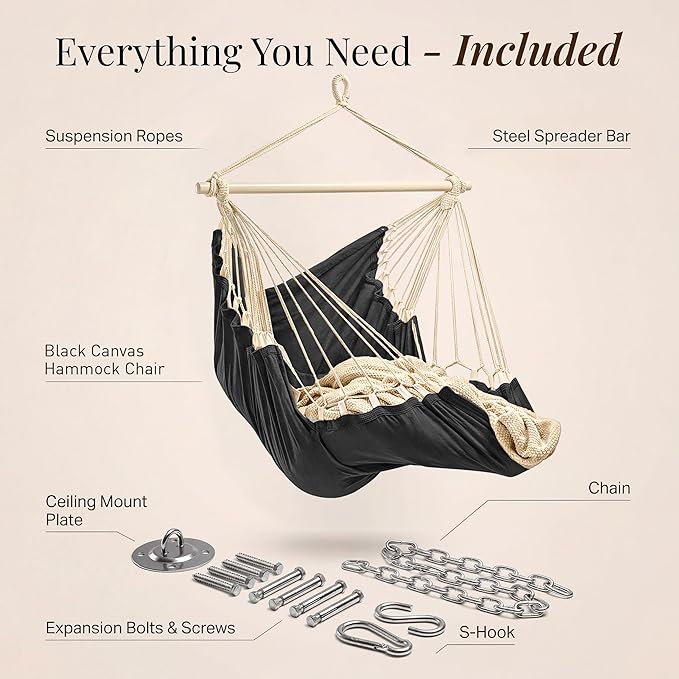Hanging Hammock Chair Swing – Hanging Chair Outdoor & Indoor - Hammock Swing Chair – Quick & Easy Setup with Hardware Kit – Durable & Spacious Full Body Support – Holds 440 Lbs