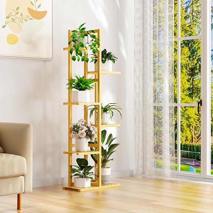 6 Tier Bamboo Plant Stand Indoor, Wood Tall Flower Holder Corner Tiered Plant Shelf for Multiple Plants (Natural)