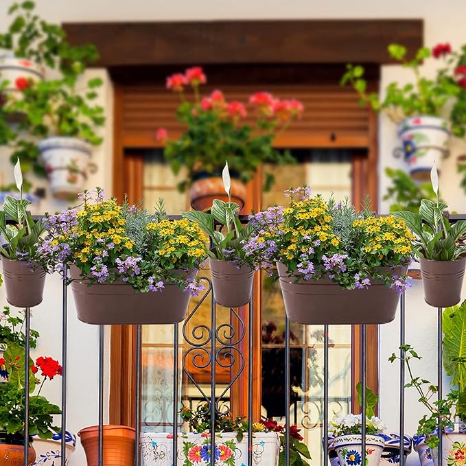 HowRU Metal Iron Flower Pots for Railing Fence Hanging Bucket Pots(5 Pcs) and Hanging Flower Pots Metal Iron Bucket Planter(10 Pcs) (Bronze)