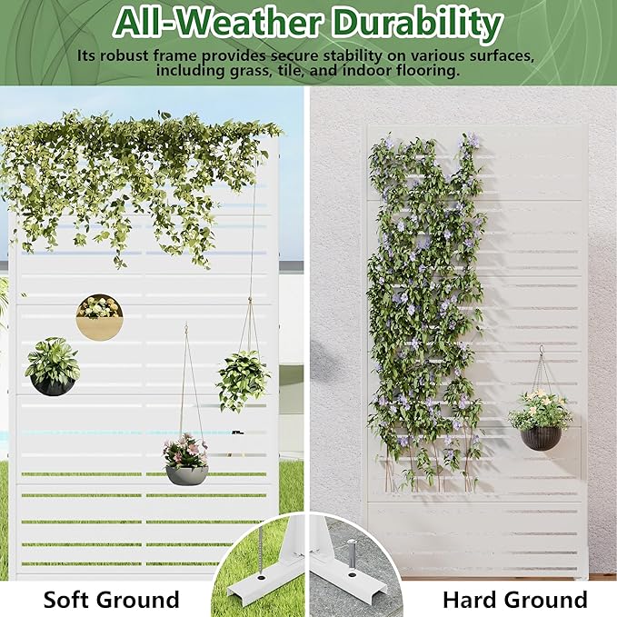 Casaphoria Metal Privacy Screen Outdoor, 72" H x 35" W Freestanding Decorative Privacy Screen for Patio Deck Balcony Garden with Stable Base, White-Benjamin