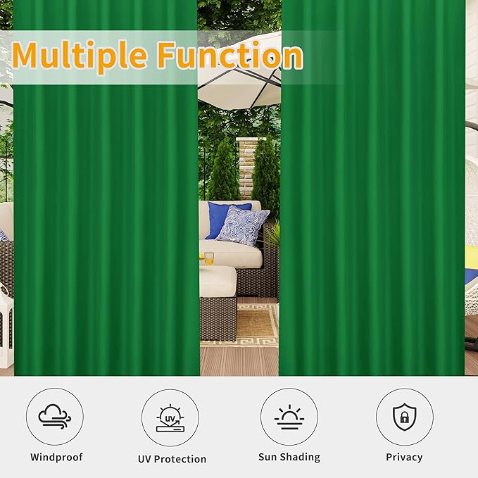 Easy-Going Outdoor Patio Curtains Detachable Tab Top Windproof Weatherproof Curtain for Cabana, Porch, Pergola and Gazebo, Tab Bottom Drape, 2 Panels, 54W x 108L inch, Green