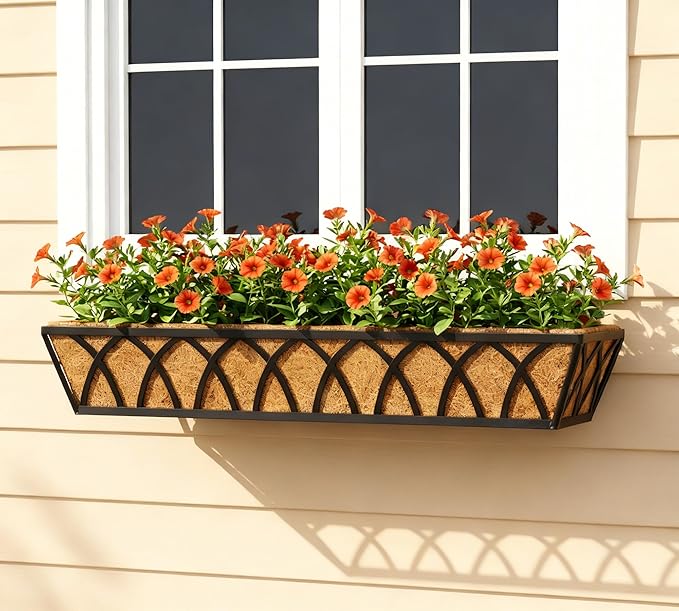 Y&M 30 Inch Window Deck with Coco Liner, Fence Metal Hanging Flower Planter Basket Deck Railing Planter Boxes for Outdoor Garden Lawn, 30" Window Boxes Horse Trough with Coconut Coir Liner,4pcs