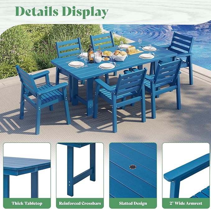 AMERLIFE 7-Piece HDPE Outdoor Dining Set with Umbrella Hole, 71" L Patio Table and Chairs Set for 6, Modern Garden Dining Set for Backyard, Poolside, Porch, Seaside, Blue