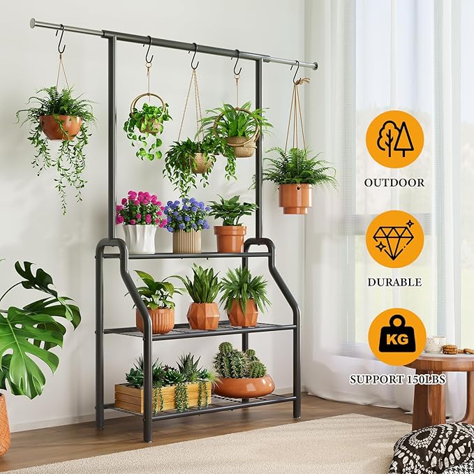 Plant Stand Indoor Outdoor, 3-Tier Heavy Duty Metal Hanging Plant Shelf, 61'' Tall Large Plant Holder Rack for Multiple Big Pots, Flower Stand for Living Room, Garden, Balcony, Black