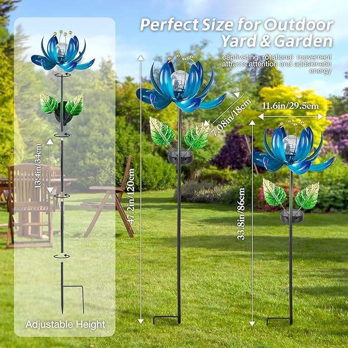 Solar Garden Lights Metal Flower Decor, Colorful Lotus Pathway Spinning Windmill with LED Cracked Crystal Ball Outdoor Decorative Stake Lighting Waterproof Flower Sculpture for Patio Yard