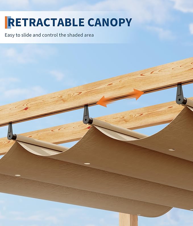 GarveeLife 10 x 13 ft Wood-Grain Outdoor Pergola with Retractable Canopy Sun Shade Shelter for Garden Patio Backyard Deck - Khaki