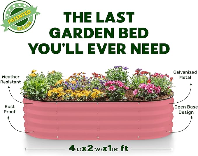 Plant & Plot Galvanized Raised Garden Beds Outdoor // 4×2×1 ft Planter Raised Beds for Gardening, Vegetables, Flowers // Large Metal Garden Box (Pink) // Patented Tool-Free Design