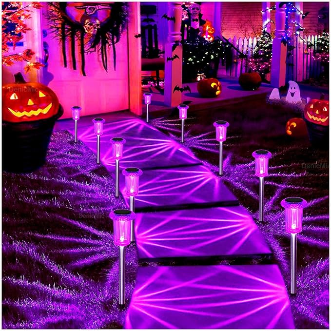 DenicMic Solar Lights Outdoor 10 Pack Waterproof Purple LED Stainless Steel Stake Outside Lights for Yard Pathway Garden Driveway Walkway Landscape Path Lighting Halloween Decorations Outdoor