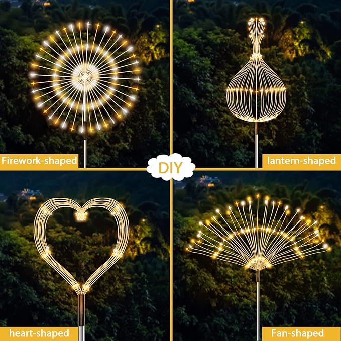 JJGoo Solar Firework Lights, 2 Pack 120 LEDs 2 Lighting Modes Solar Garden Lights Outdoor Waterproof for Yard Patio Walkway Pathway Party Wedding Christmas Decorative - Mixed Color