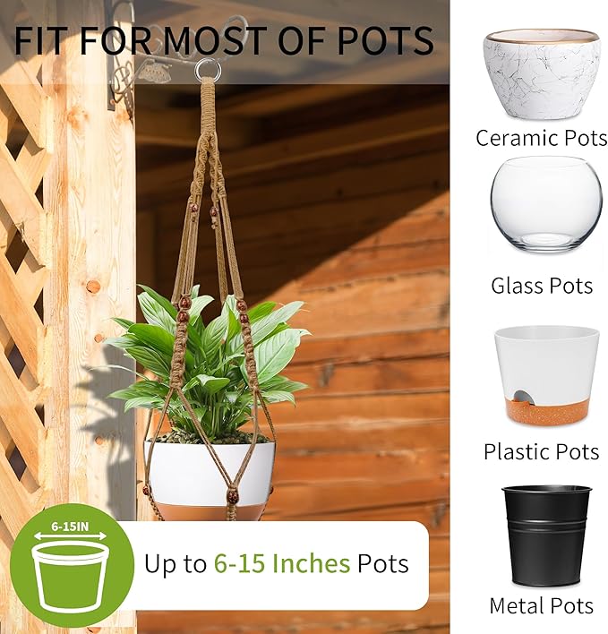 Macrame Plant Hanger - Fits 6 to 15 inches Pots for Indoor Outdoor, 43 Inch, Set of 2, Brown (POTS NOT Included)