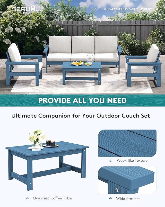 SERWALL HDPE Patio Conversation Set, 6-piece Sectional Outdoor Furniture Set, All Weather Outdoor Couch Set Patio Furniture Set for Deck, Lawn, Blue Frame with Beige Cushion