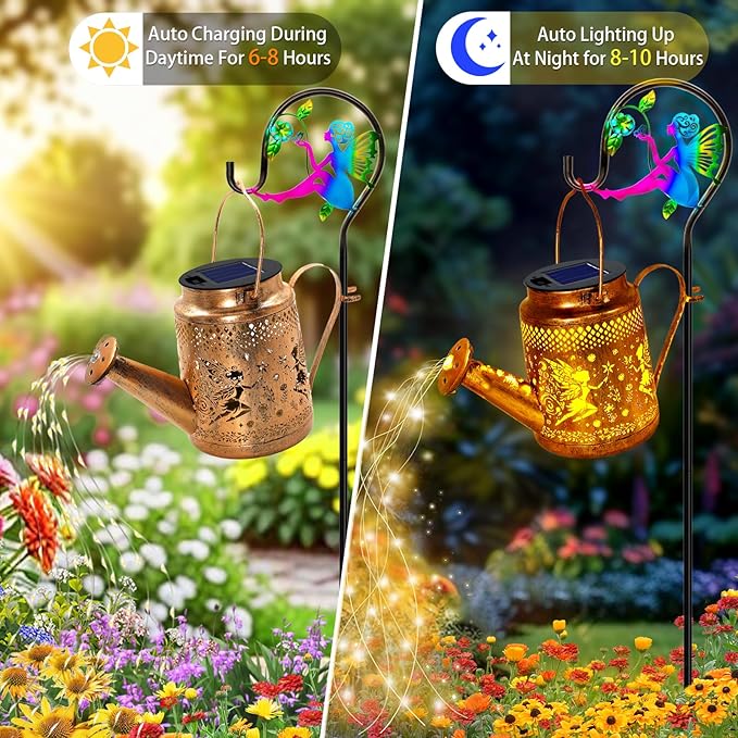 Solar Lanterns Outdoor Waterproof,Metal Watering Can Garden Decor,Fairy Hanging Solar Path Lights Yard Art,Outside Patio Decorations Gardening Christmas Gifts for Mom Grandma Women（with Shepherd Hook）