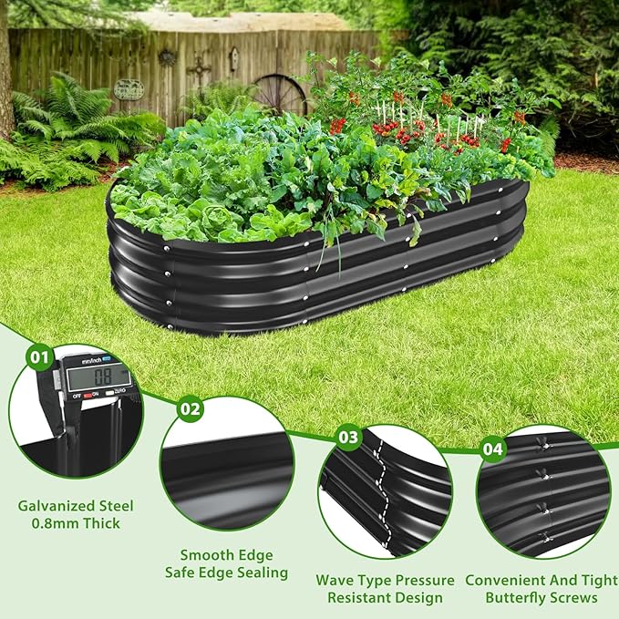 Oval Galvanized Planter Box, Metal Raised Garden Bed - 0.8MM Thick- Ideal for Outdoor Gardening and Planting of Vegetables Flowers Fruits Succulent Plants and Others (Black, 5X2.7X1 FT)